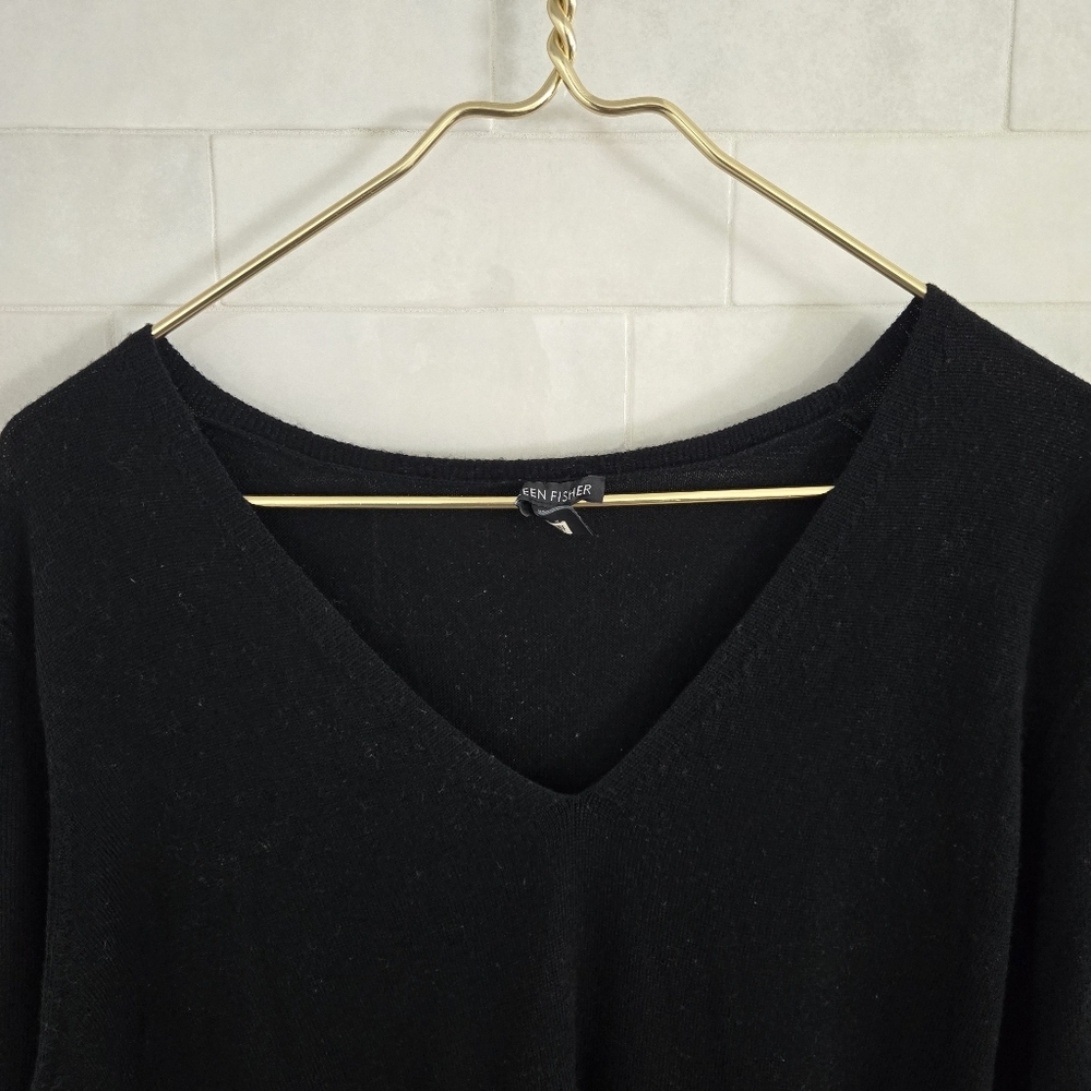 Eileen Fisher 100% Merino Wool V-neck Tunic Dress Top Long Sleeve Solid Black XL - Picture 5 of 7